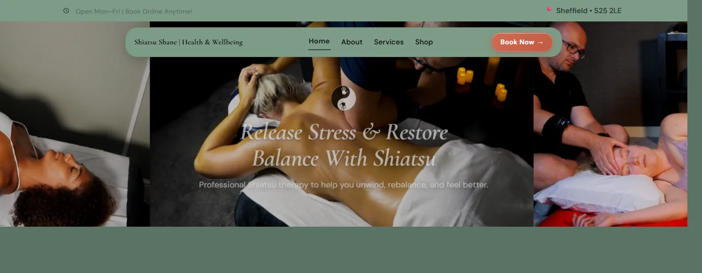 Homepage preview of the Shiatsu Shane health and wellbeing website